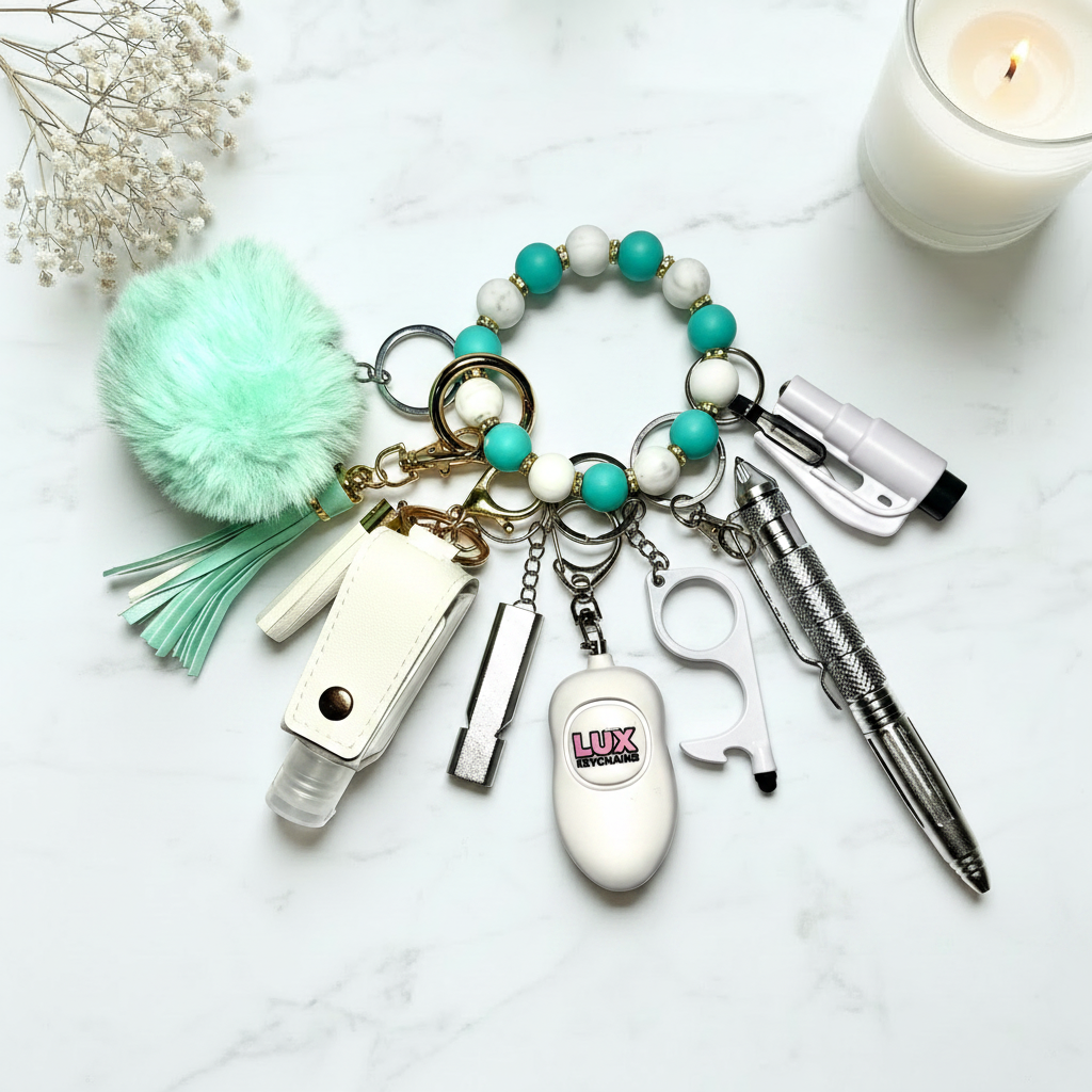 Aqua Temptation Safety Keychain Set - Marble Flat Lay