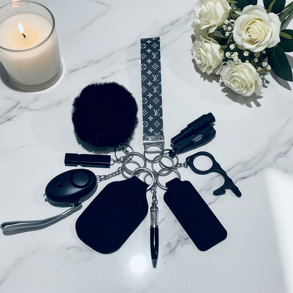 Diva Safety Keychain - Marble Flat Lay 2