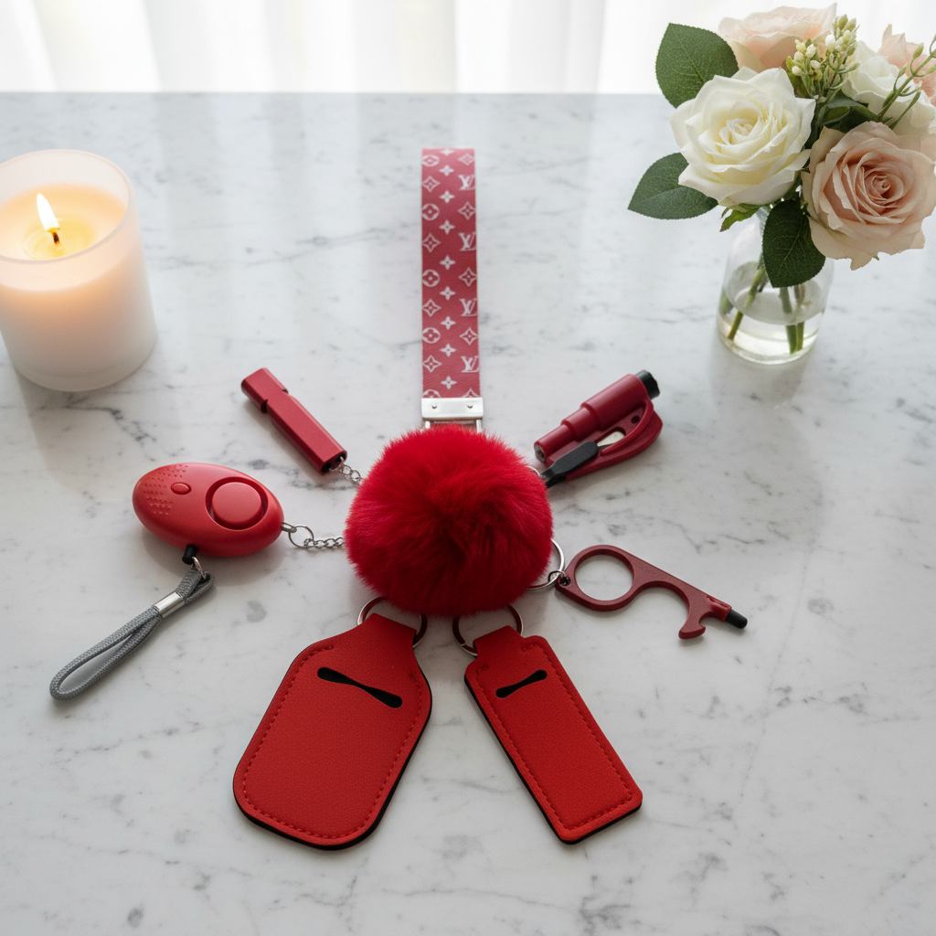 Diva Safety Keychain - Marble Flat Lay 3