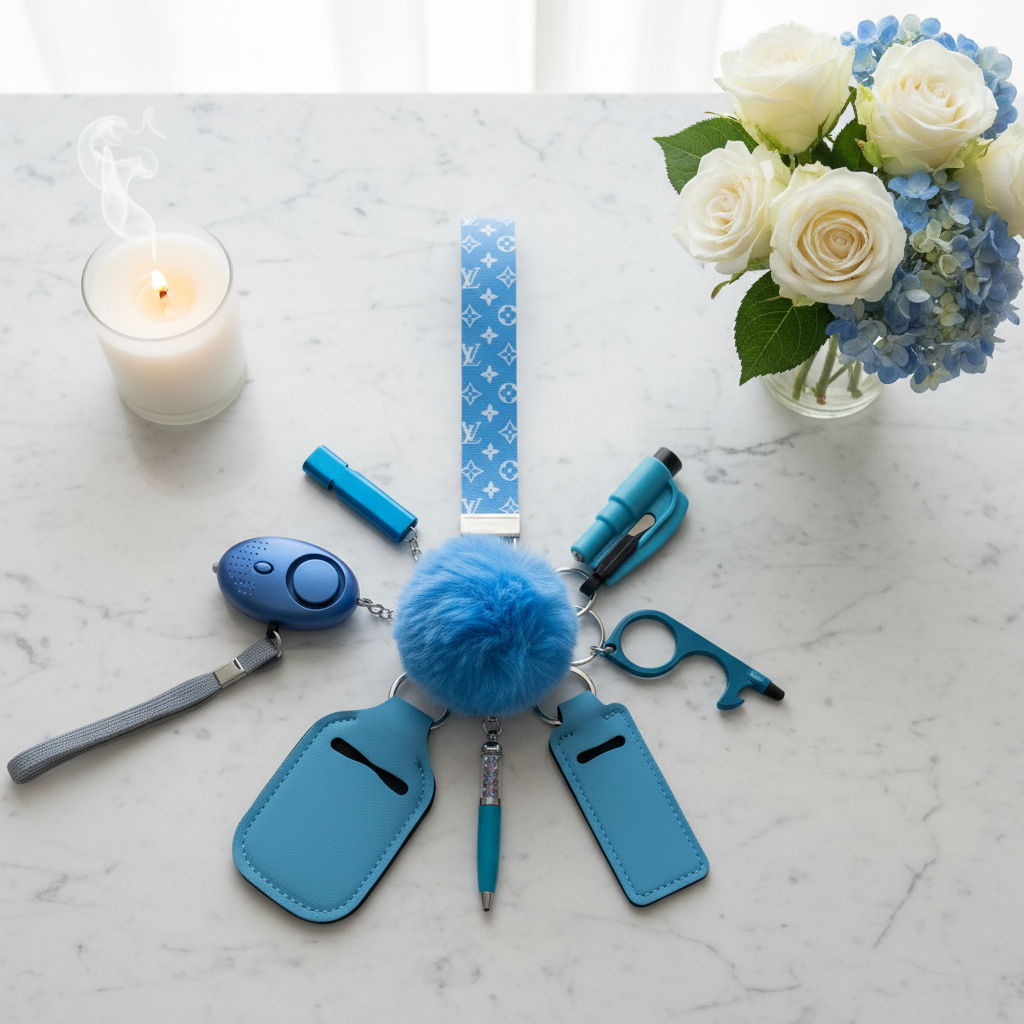 Diva Safety Keychain - Marble Flat Lay 4