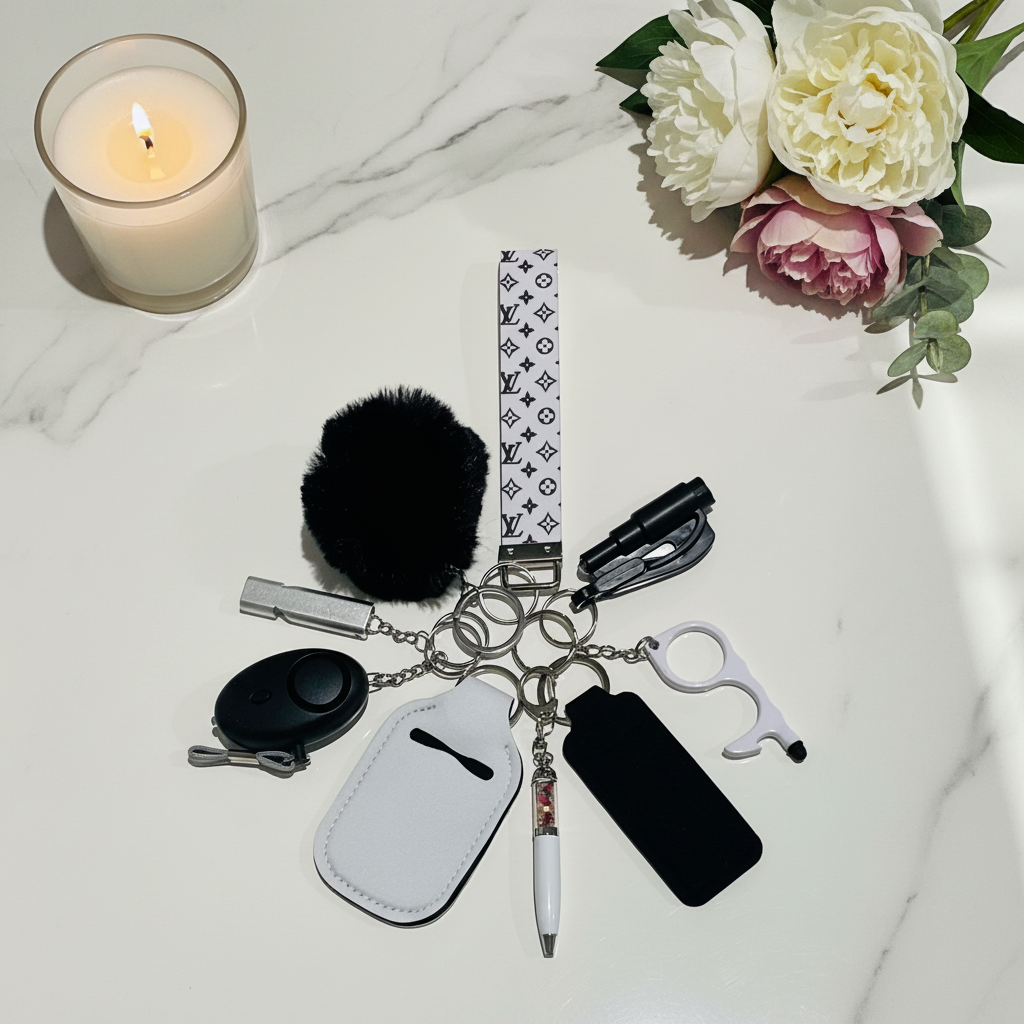 Diva Safety Keychain - Marble Flat Lay 5