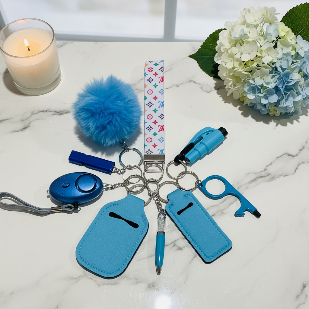 Diva Safety Keychain - Marble Flat Lay 6