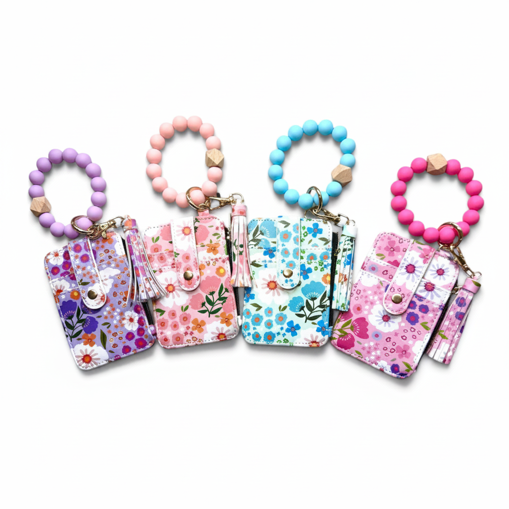 Floral Card Holder Keychain Wallets - Studio White Background