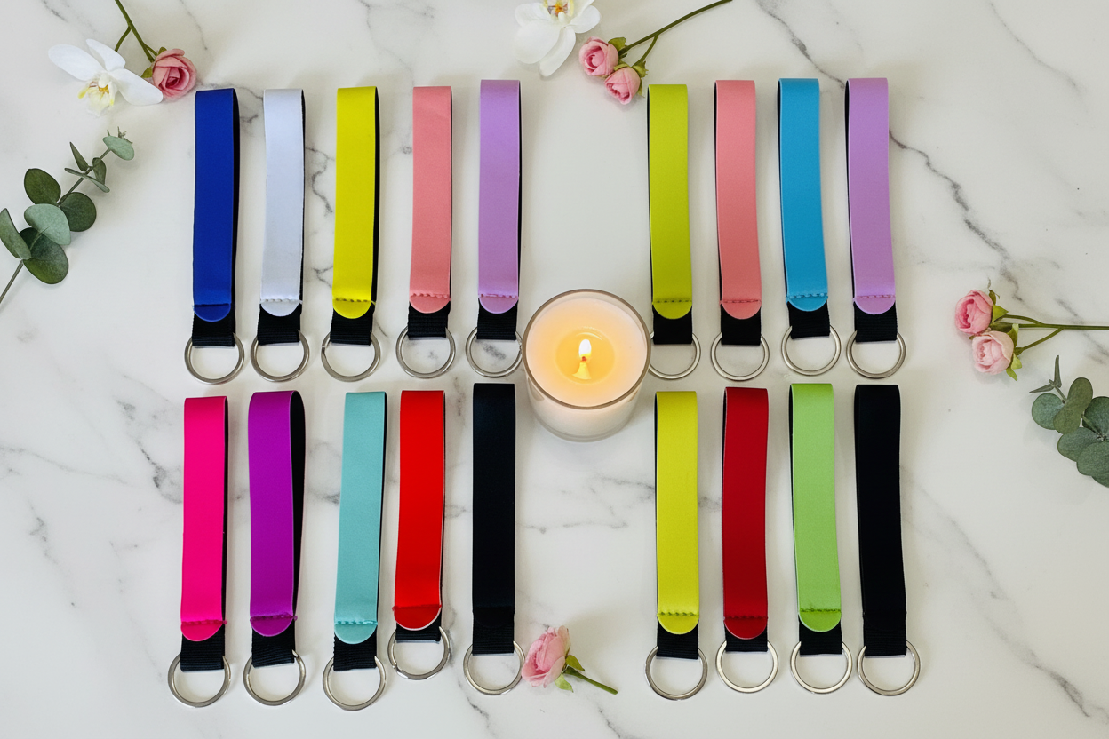 Lanyards on marble with minimal flowers and candle