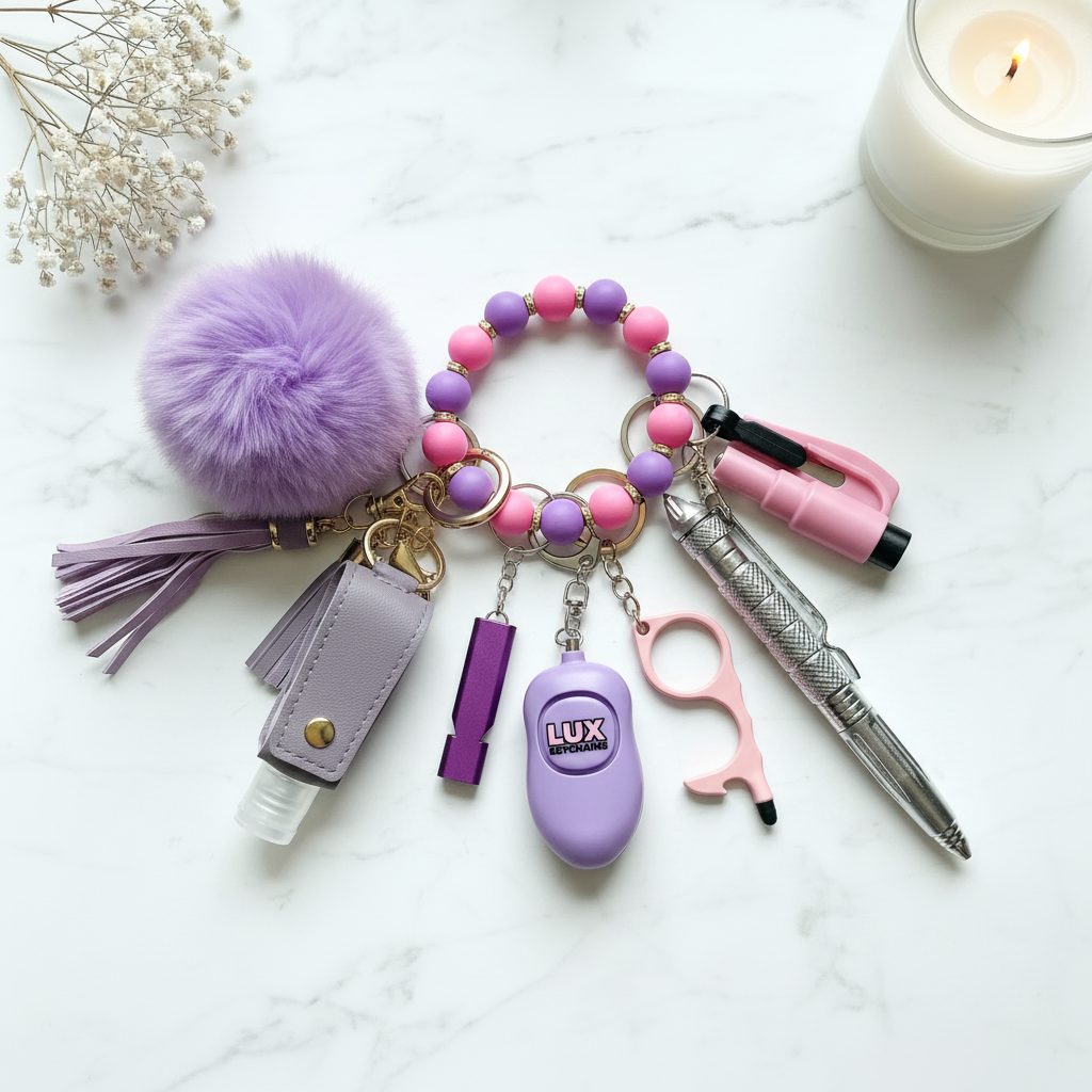 Lavender and Lace Safety Keychain Set - Marble Flat Lay
