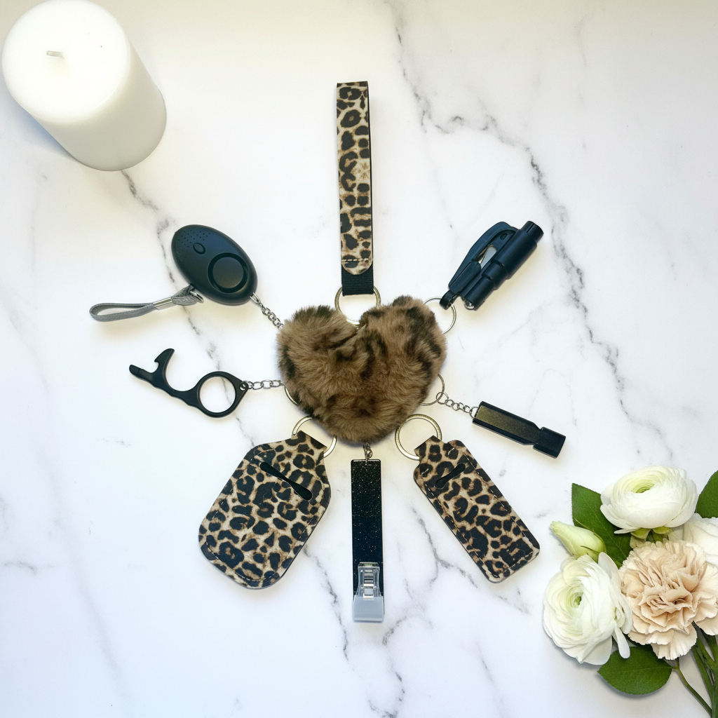 Leopard Print Safety Keychain - Marble Flat Lay