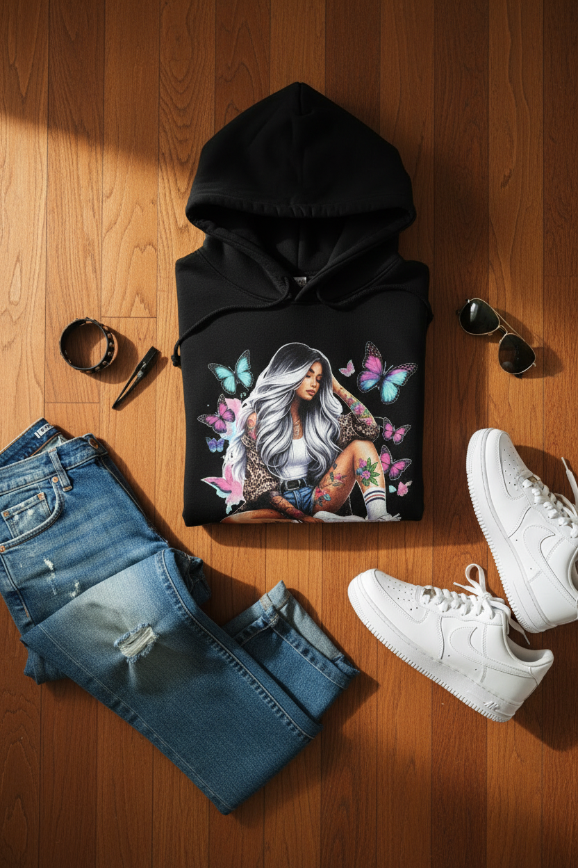 LUX Hoodie Flat Lay on Wooden Floor