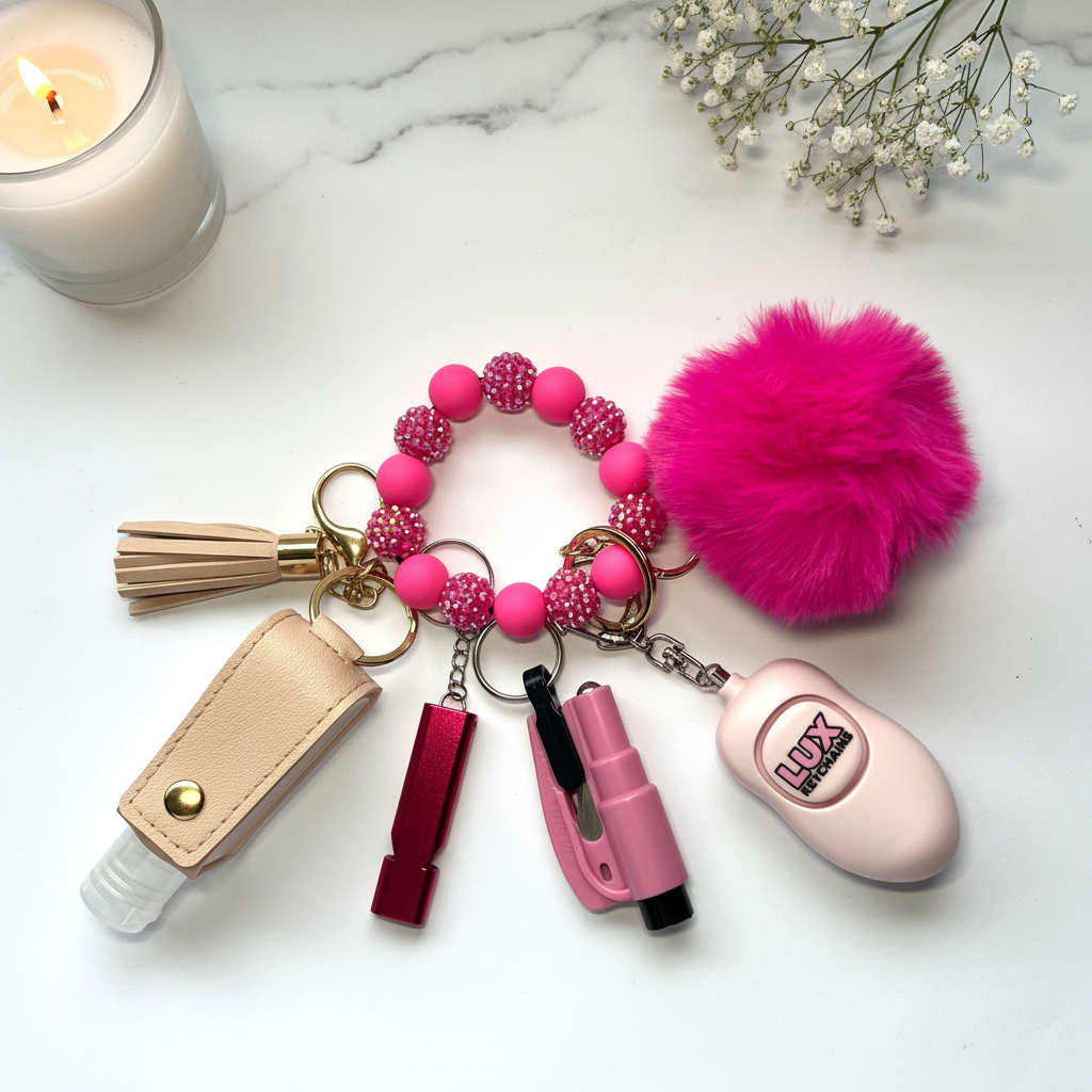 Pink Bits Safety Keychain - Marble Flat Lay