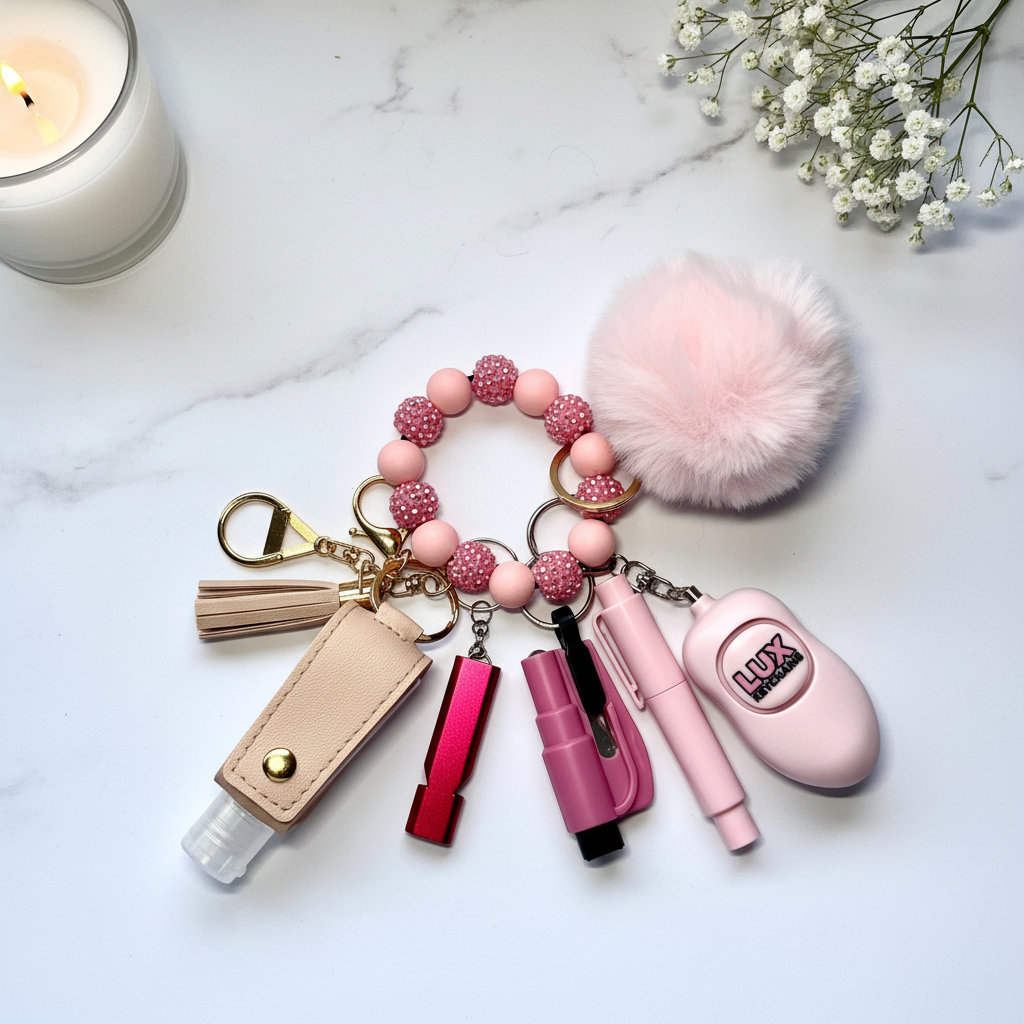 Pink Candy Safety Keychain - Fresh Marble Flat Lay