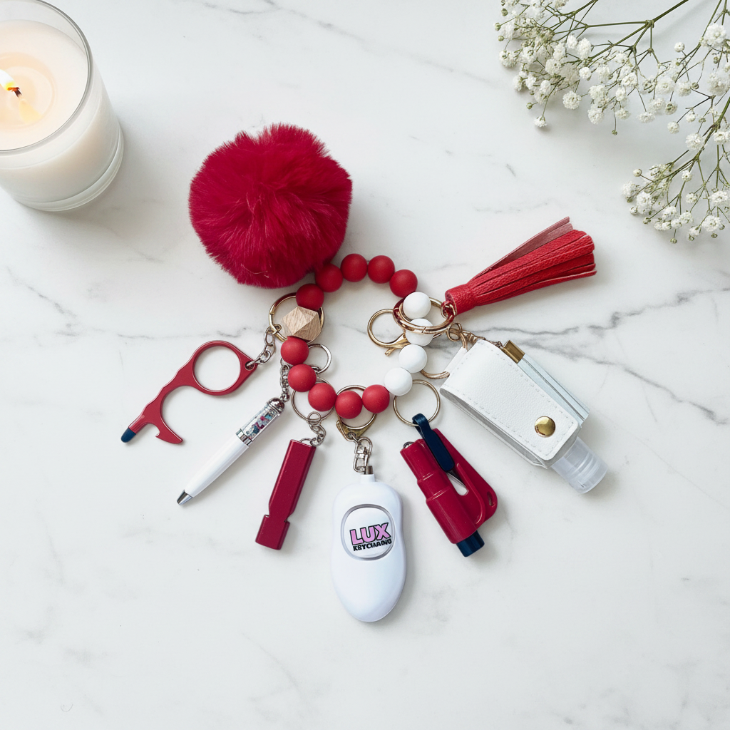 Red Velvet Safety Keychain - Marble Flat Lay