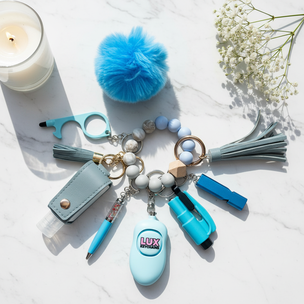 Sapphire Blue Safety Keychain - Marble Flat Lay