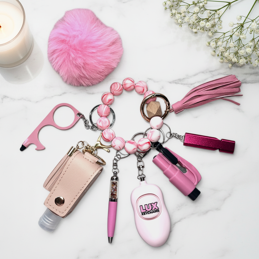 Sassy Pink Safety Keychain - Marble Flat Lay