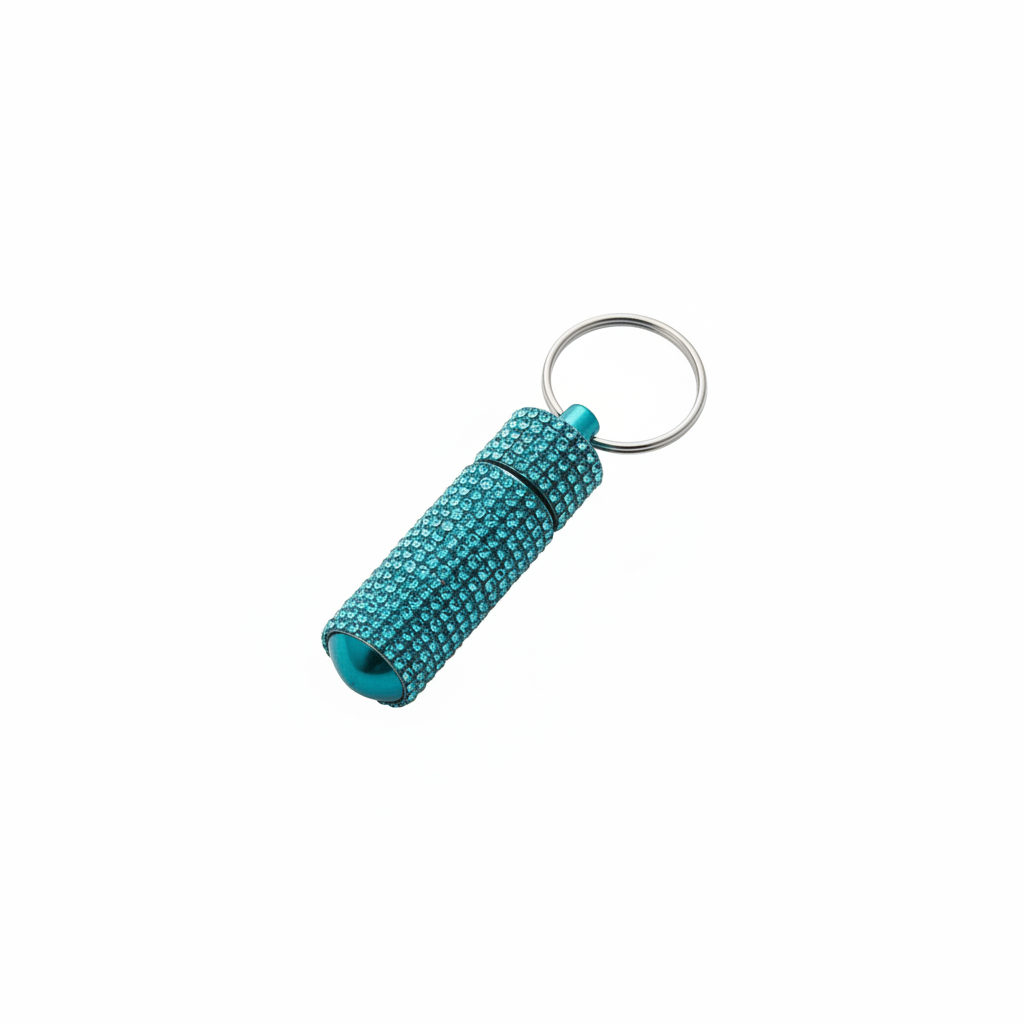 Teal pill bottle on studio white
