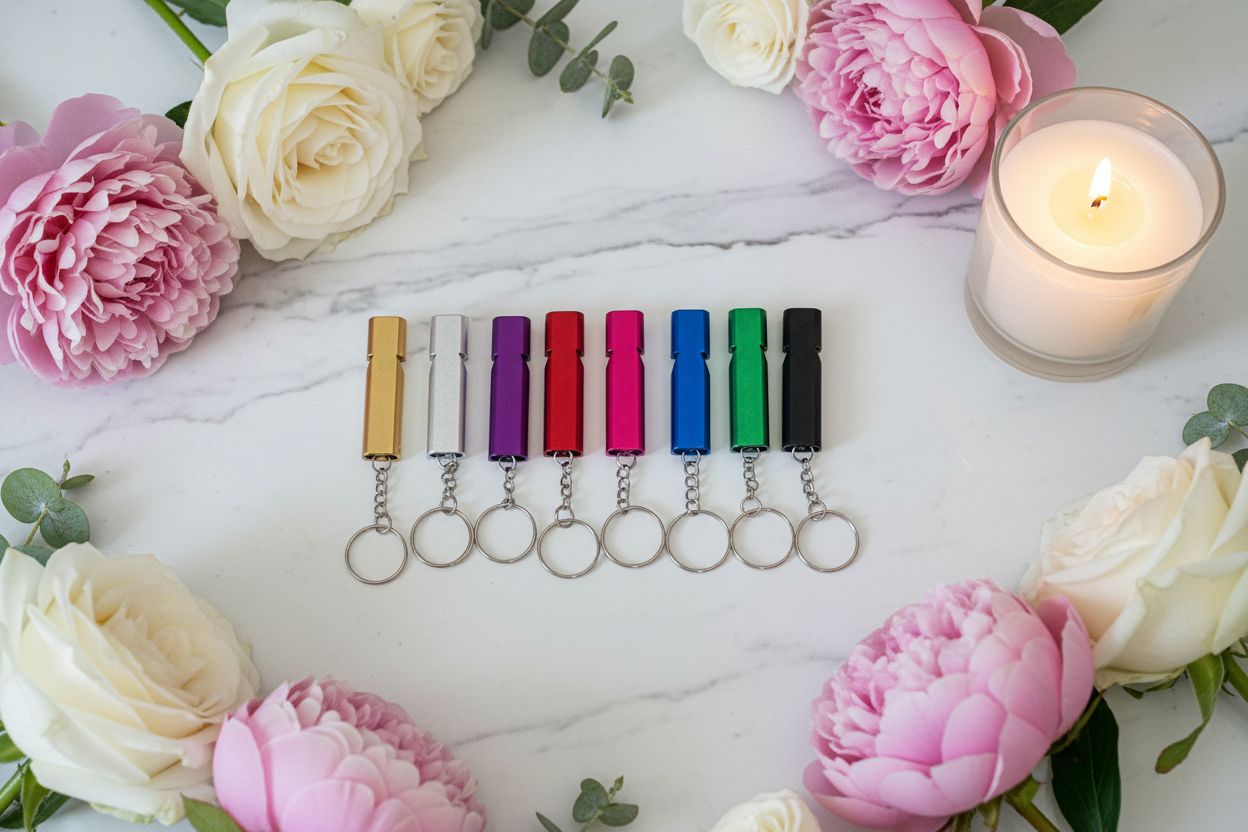 Whistles on marble with flowers and candle