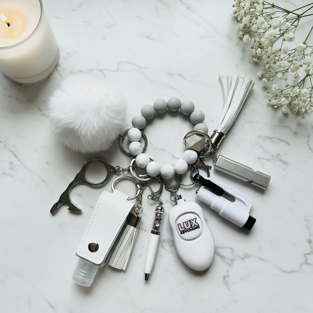 White Ombre Safety Keychain - Marble Flat Lay